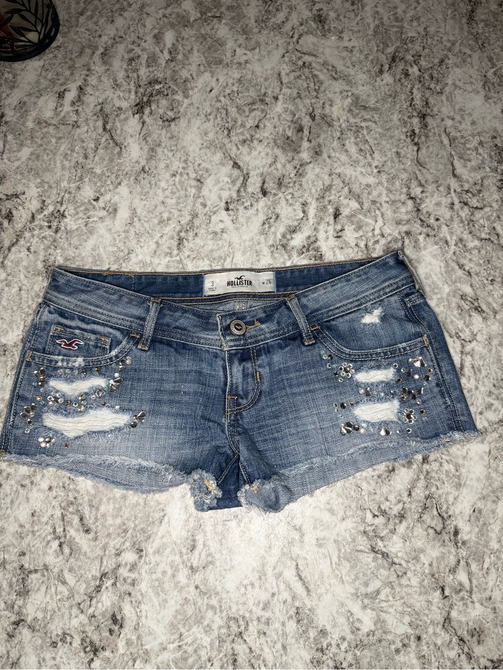 Hollister Embellished Distressed Denim Jean Shorts - Light Blue